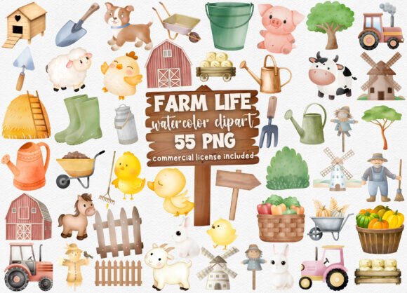 Download Watercolor Farm Life Clipart Set, 55 PNG - Farm Collection
