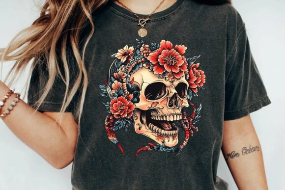 Download Neo Traditional Skull and Peony Flower Snake Tattoo Design Png - Design Collection