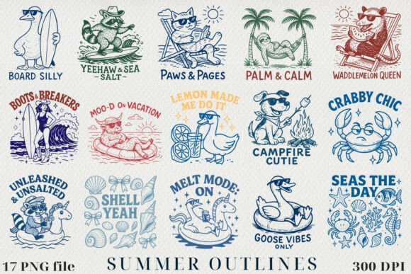 Download Vintage Summer Line Art Clipart, BUNDLE - Vintage summer Collection