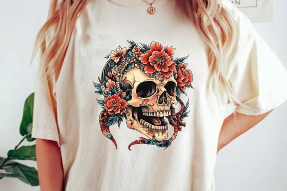 Download Japanese Floral Skull Tattoo Design with Red Peonies and Snake Png - Design Collection